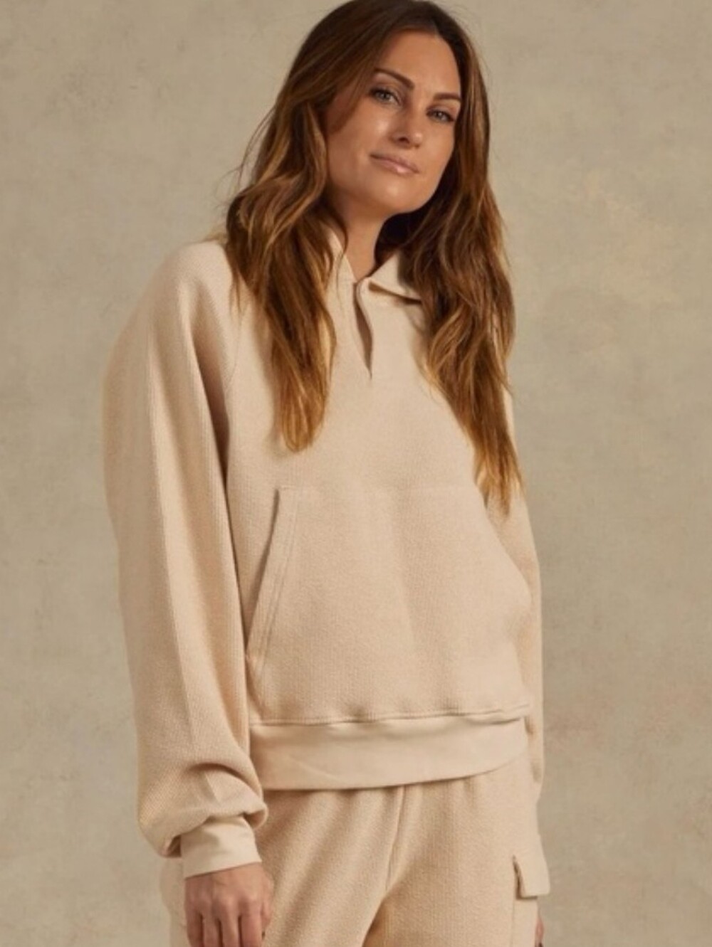 Rylee + Cru Cream Waffle-Knit Hooded Sweatshirt